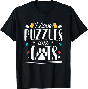 I Love Jigsaw Puzzles And Cats Funny Puzzler Cute Puzzling T-Shirt - T-Shirt | Black