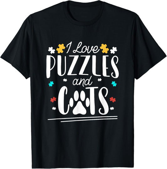 I Love Jigsaw Puzzles And Cats Funny Puzzler Cute Puzzling T-Shirt - T-Shirt | Black