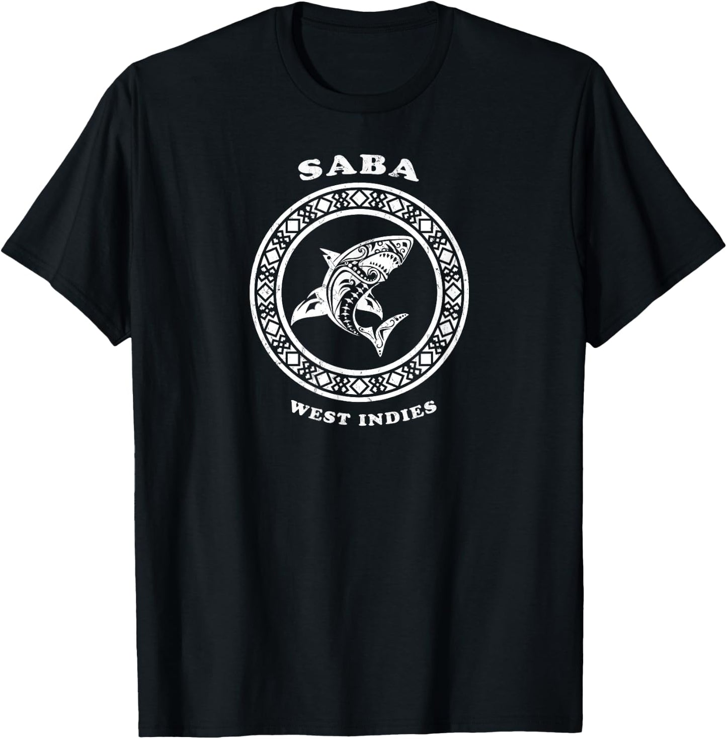 Saba, West Indies Vintage Retro Tribal Shark Vacation T-Shirt - T-Shirt | Black
