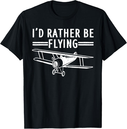 Cool Pilot Gift Airplane Plane Stuff & Accessories -Adults, Kids Black Short Sleeve Modern Novelty 'I'd Rather be Flying' T-Shirt - T-Shirt | Black