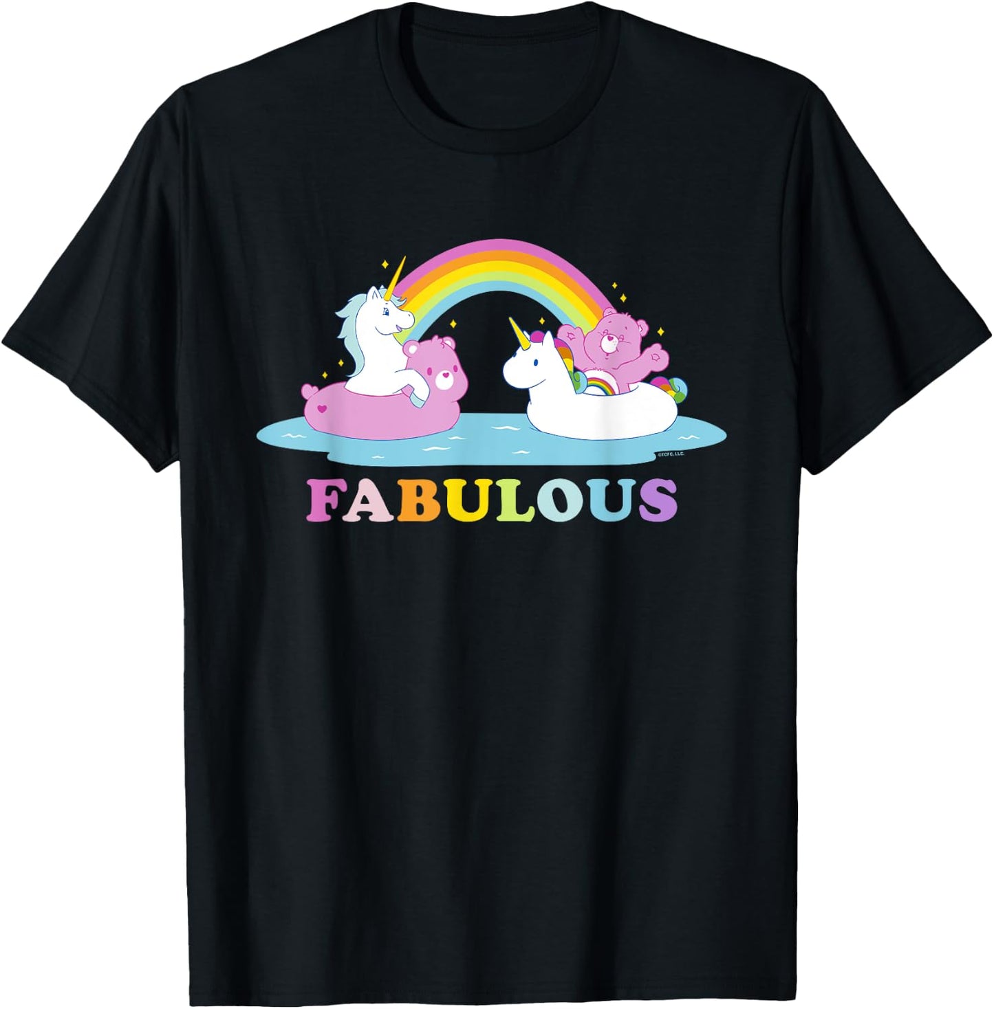 Care Bears Rainbow Fabulous With Cheer Bear And Unicorn T-Shirt - T-Shirt | Black