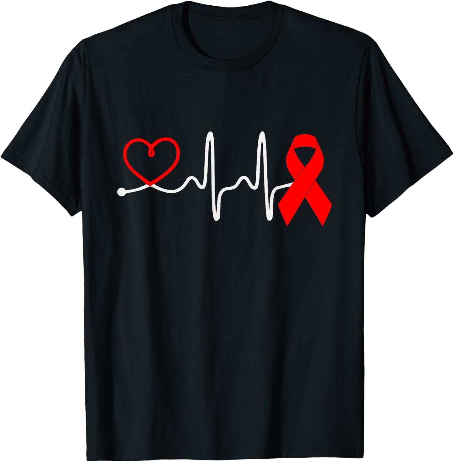 Red Ribbon Heartbeat Design For Heart Disease Awareness T-Shirt - T-Shirt | Black