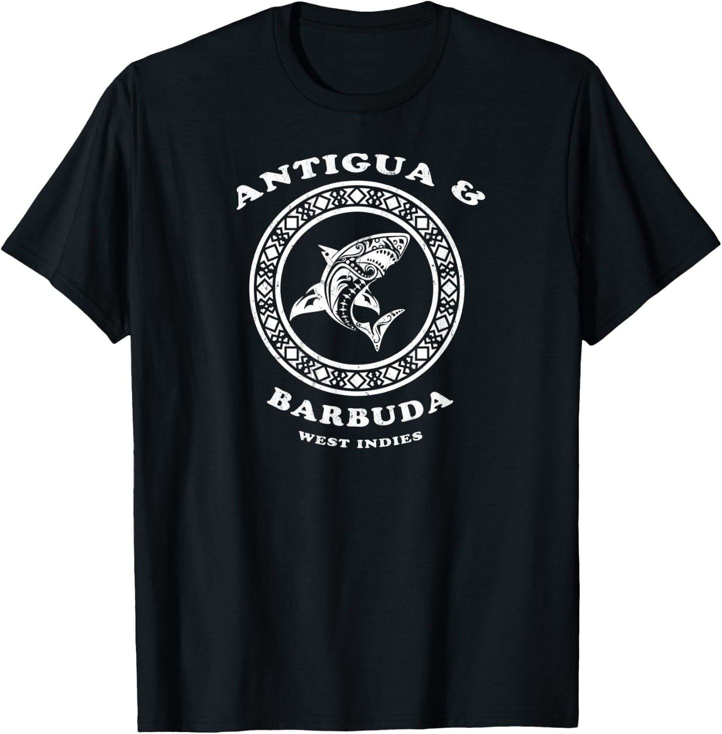 Antigua & Barbuda, West Indies Vintage Tribal Shark Vacation T-Shirt - T-Shirt | Black