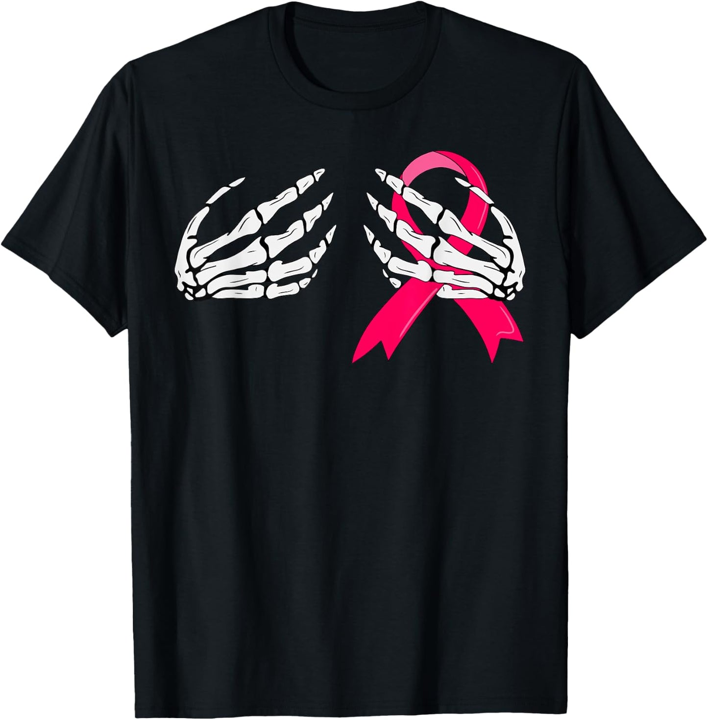 Pink Ribbon Skeleton Hand Breast Cancer Awareness T-Shirt - T-Shirt | Black