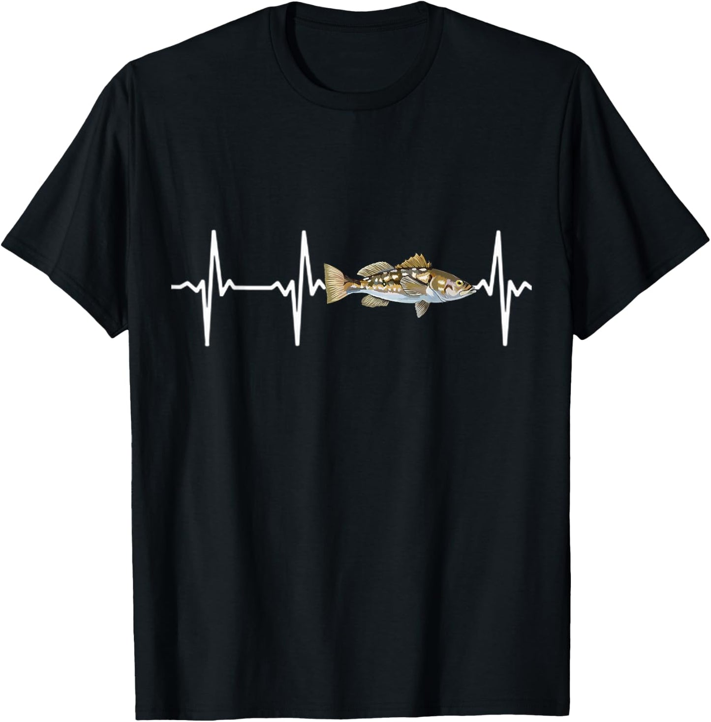 Calico Bass Heartbeat For Saltwater Fish Fishing Lovers T-Shirt - T-Shirt | Black