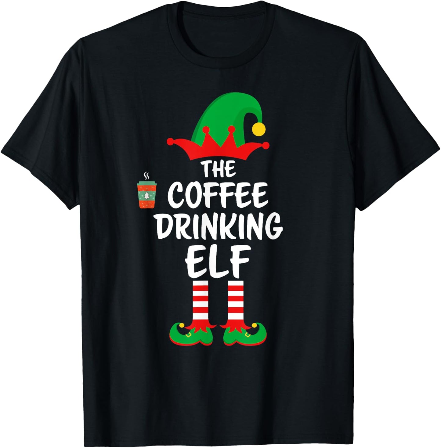 The Coffee Drinking Elf Matching Family Christmas T-Shirt - T-Shirt | Black