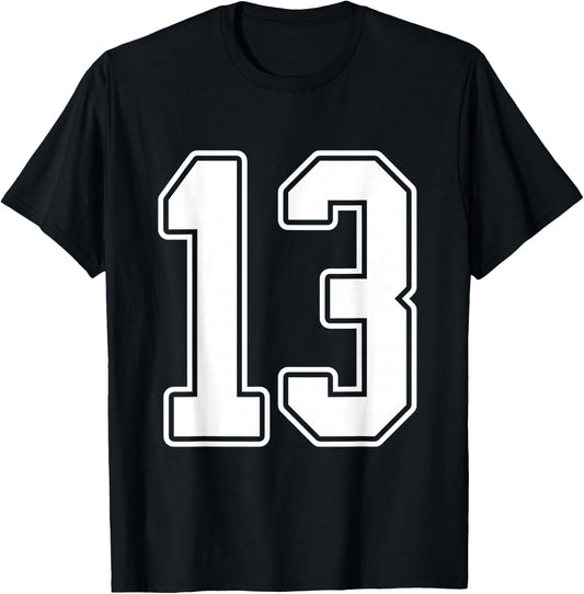 #13 White Uniform Number 13 Varsity Sports Team Jersey T-Shirt - T-Shirt | Black