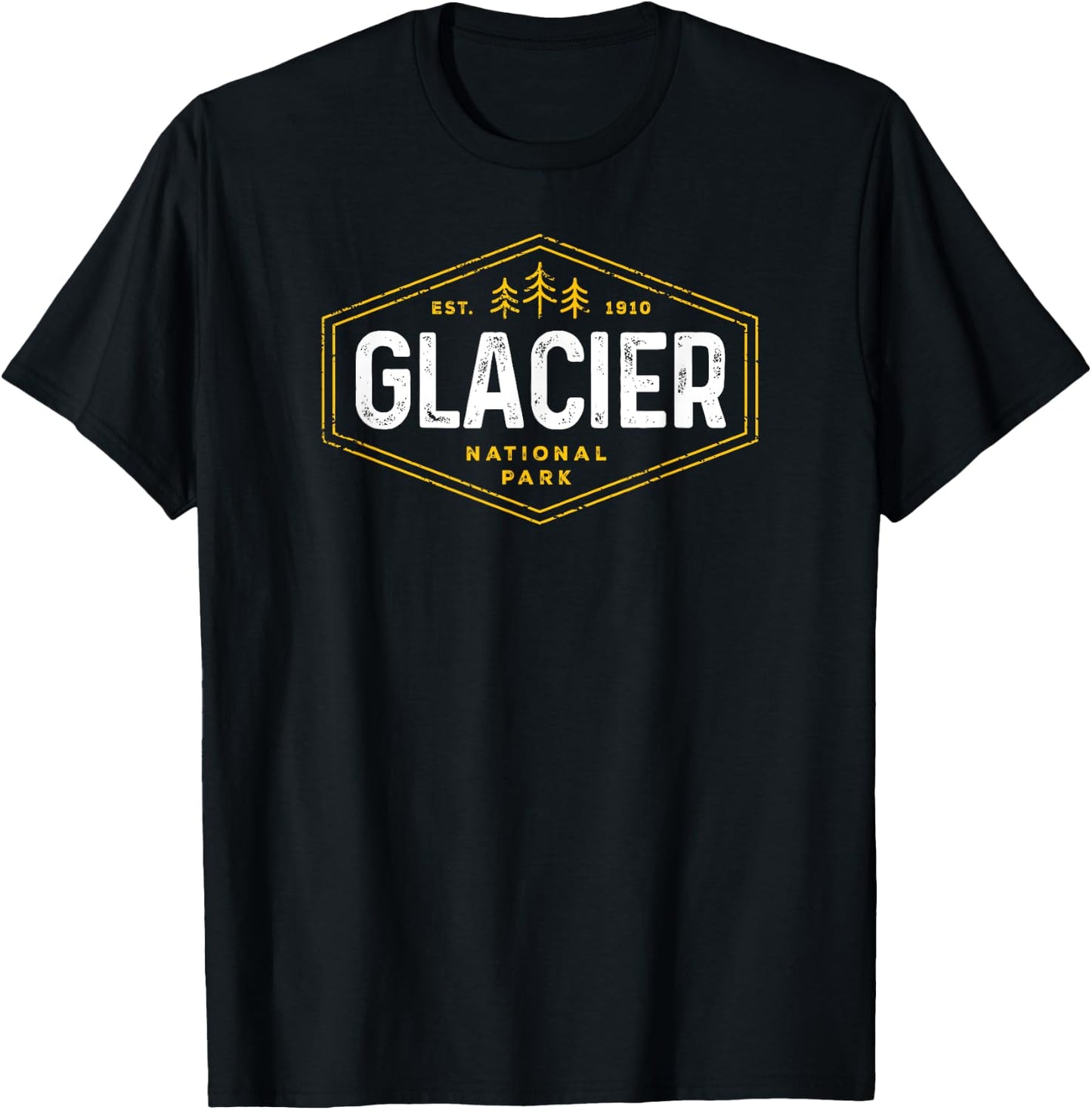 Glacier National Park Shirt Vintage Tree Hexagon Badge Hike T-Shirt - T-Shirt | Black