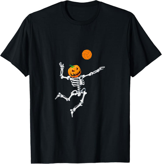 Skeleton Volleyball Halloween Pumpkin T-Shirt - T-Shirt | Black