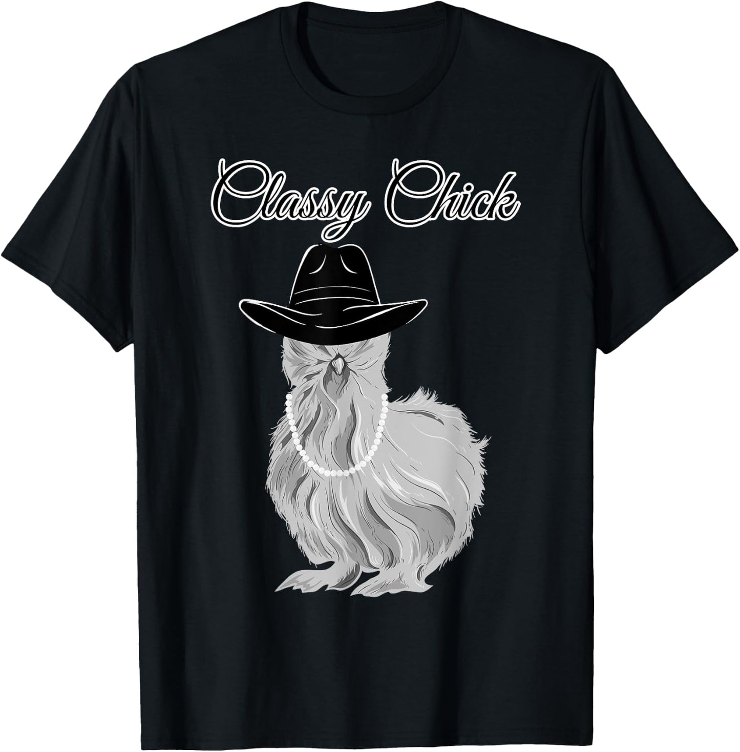 Silkie Silky Chicken Classy Chick Wearing Cowgirl Hat Funny T-Shirt - T-Shirt | Black