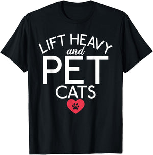 Powerlifting Weight Training Apparel Lift Heavy and Pet Cats Fitness Gym Weightlifting - , Black, Short Sleeve, Small, Classic Fit, Crew Collar, Modern, Cat-Themed, Workout, Gym T-Shirt - T-Shirt | Black