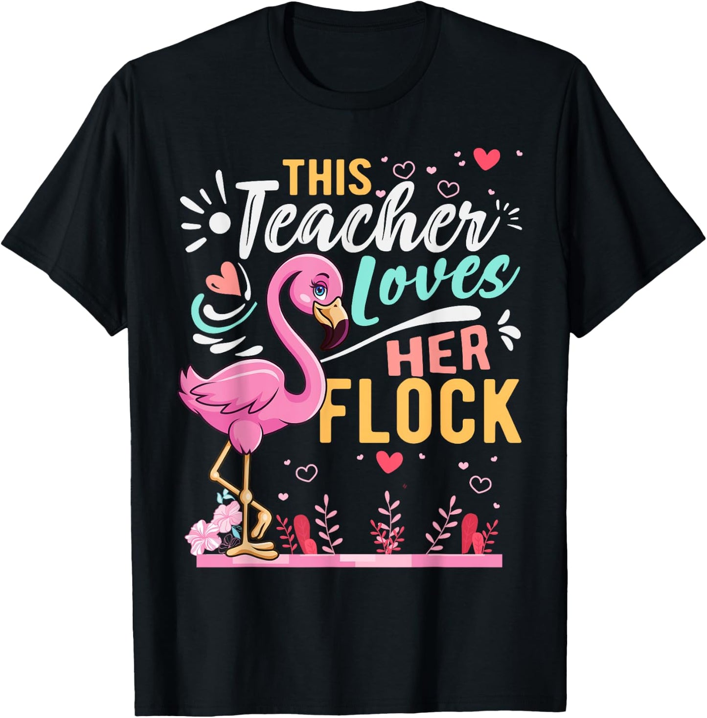 This Teacher Loves Her Flock Flamingo Teacher Back To School T-Shirt - T-Shirt | Black
