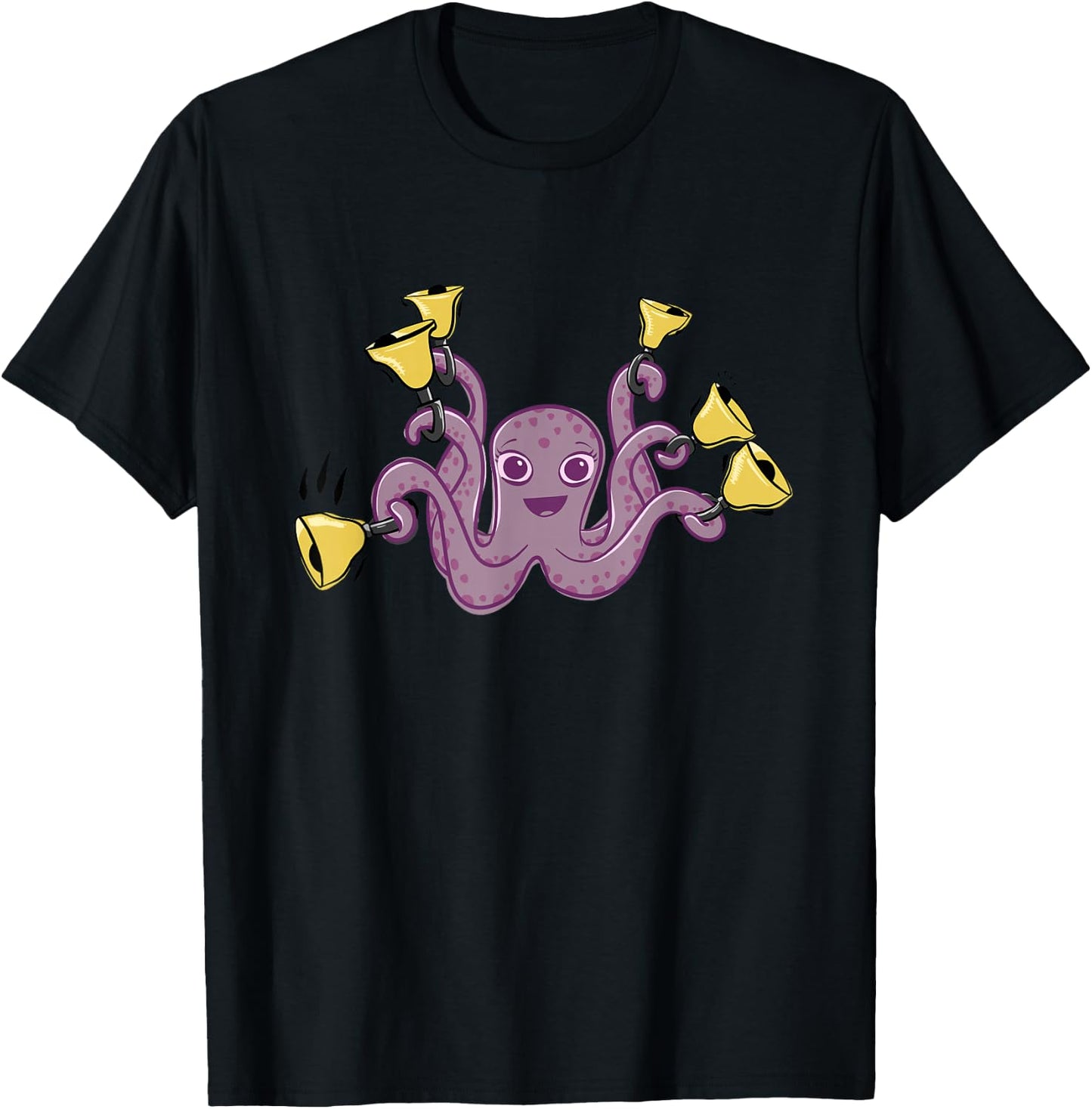 Octopus Ringing Handbells Cartoon T-Shirt - T-Shirt | Black