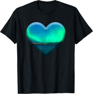 Northern Light Aurora Borealis Heart Shape Love Nature Sky T-Shirt - T-Shirt | Black