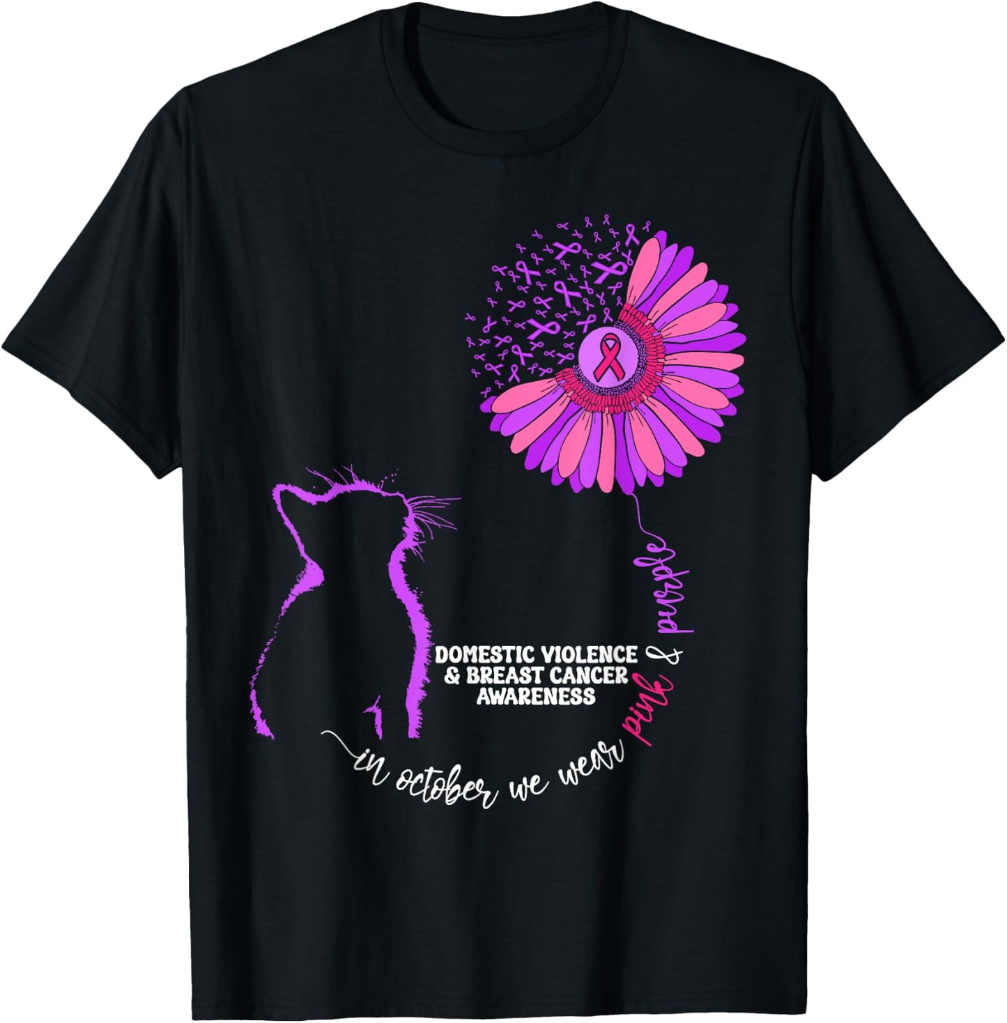 Cat Domestic Violence And Breast Cancer Awareness Groovy Men Women Girls Kids T-Shirt - T-Shirt | Black