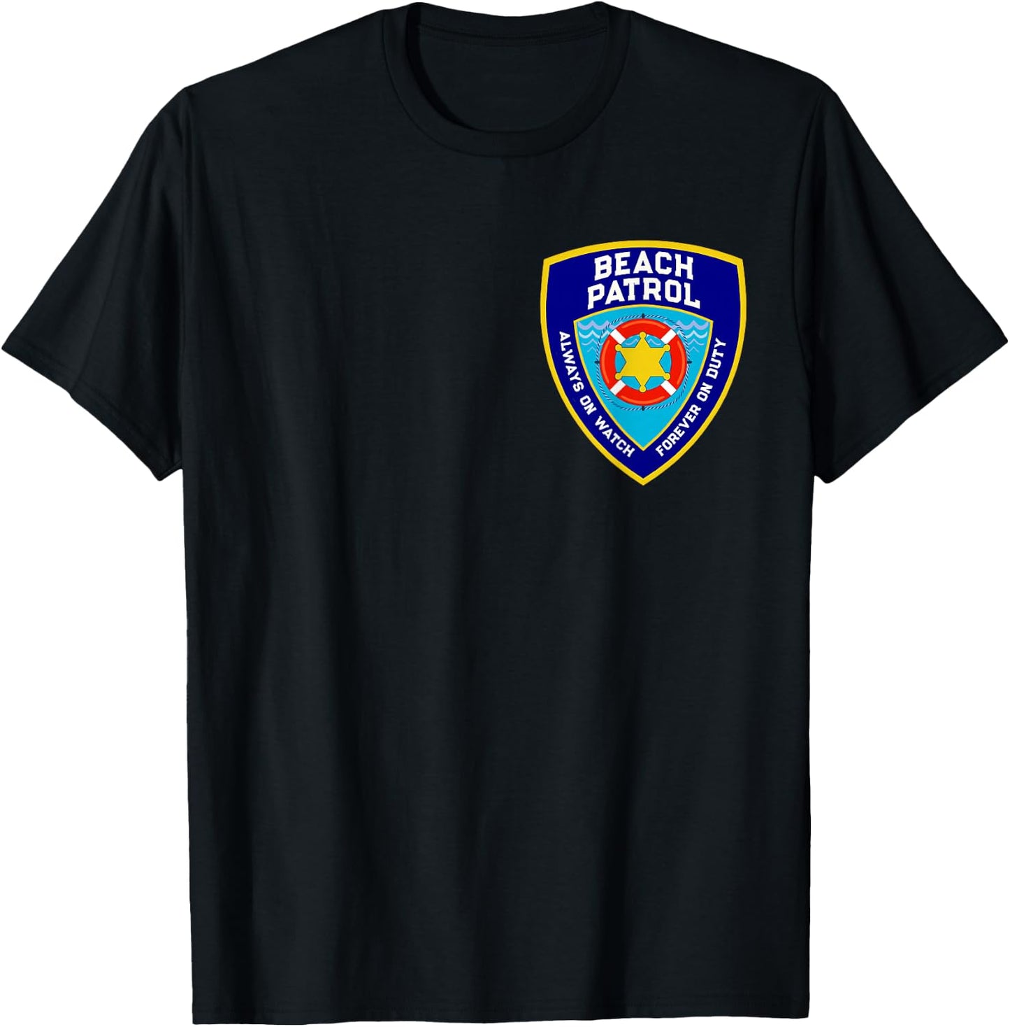Funny BEACH PATROL Pocket Shield Lifeguards Off Duty Police T-Shirt - T-Shirt | Black