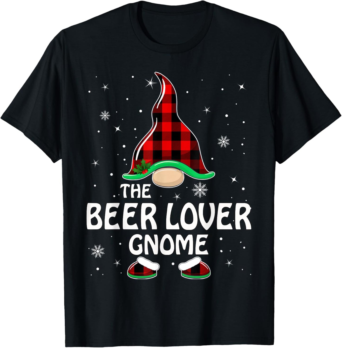Beer Lover Gnome Buffalo Plaid Matching Family Christmas T-Shirt - T-Shirt | Black