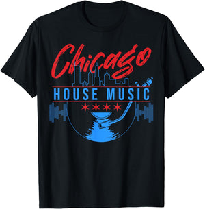 Chicago House Music Vinyl Dj Raver Flag Skyline Apparel T-Shirt - T-Shirt | Black