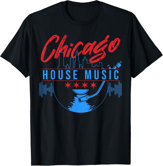 Chicago House Music Vinyl Dj Raver Flag Skyline Apparel T-Shirt - T-Shirt | Black