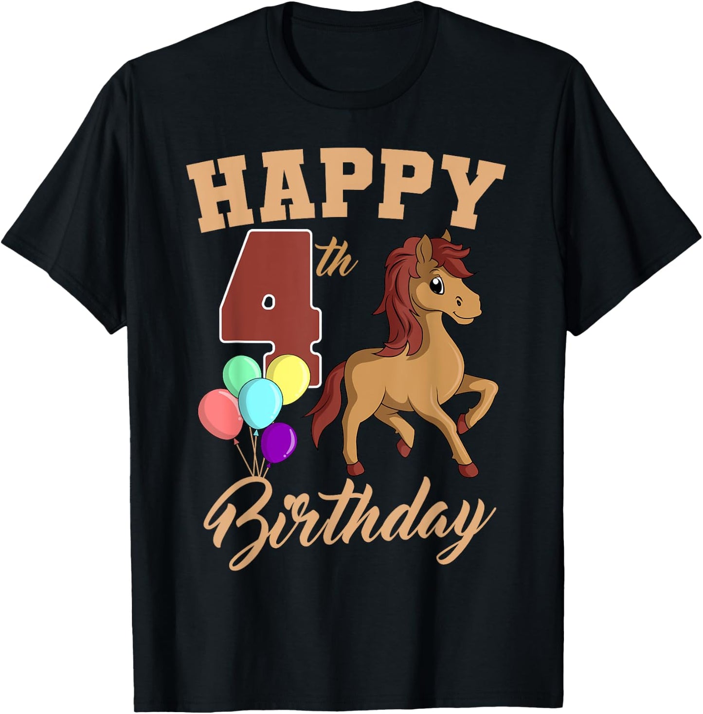 Happy 4th Birthday Horse Theme 4 Bday Party Celebration T-Shirt - T-Shirt | Black