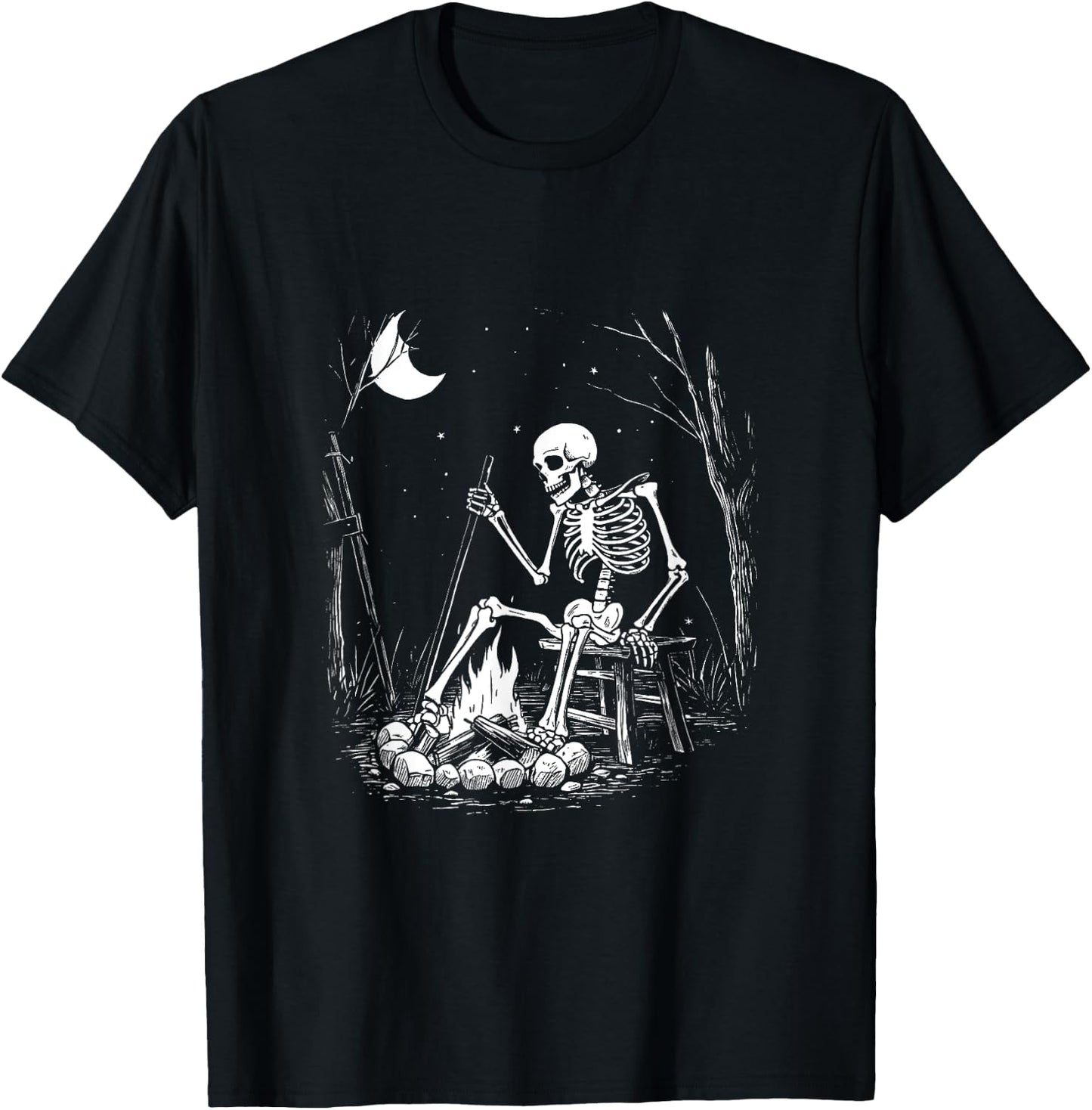 Camping Skeleton Bones Halloween Forest Campfire Graphic T-Shirt - T-Shirt | Black