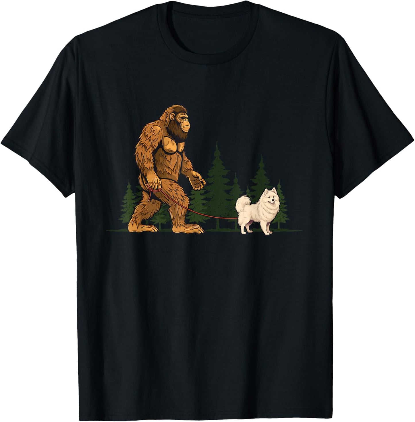 Funny American Eskimo Bigfoot Dog Walking Dog Mom Dad Kids T-Shirt - T-Shirt | Black