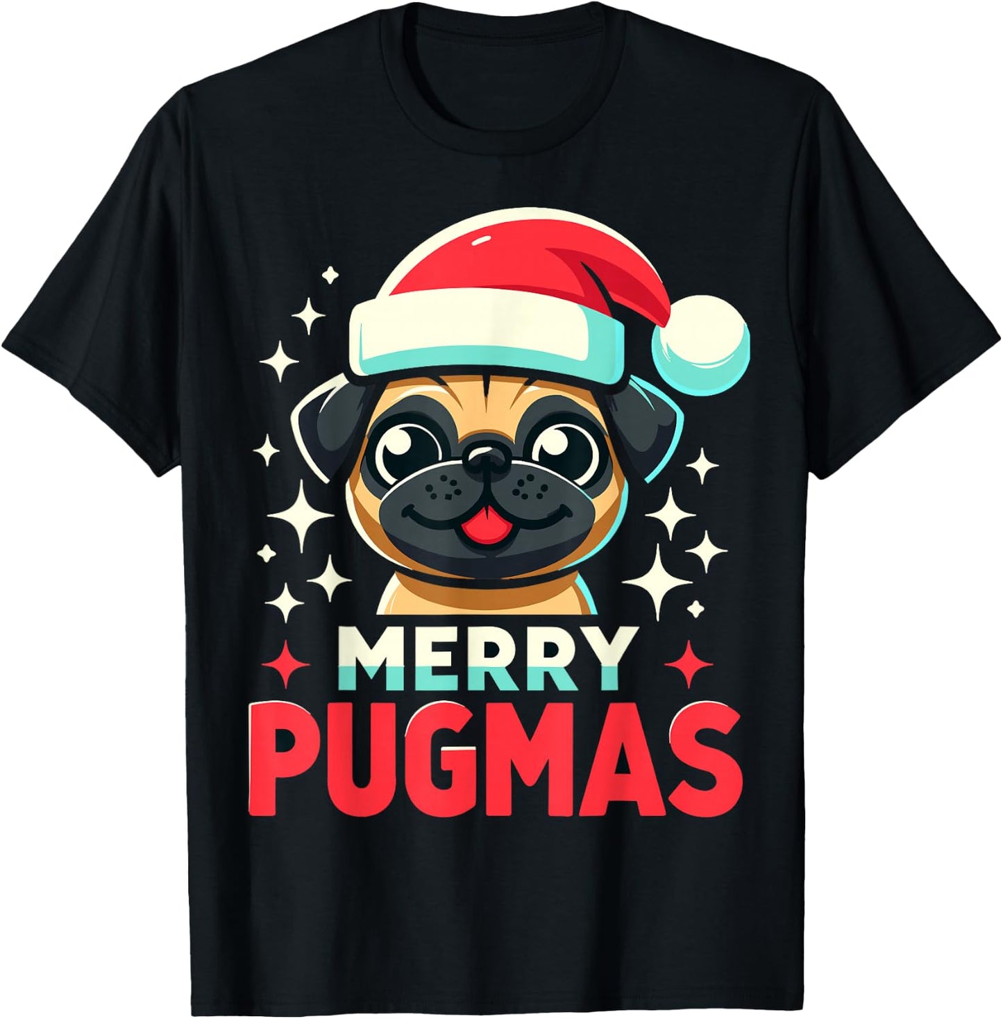 Merry Pugmas Funny Pug Dog Santa Hat Christmas T-Shirt - T-Shirt | Black