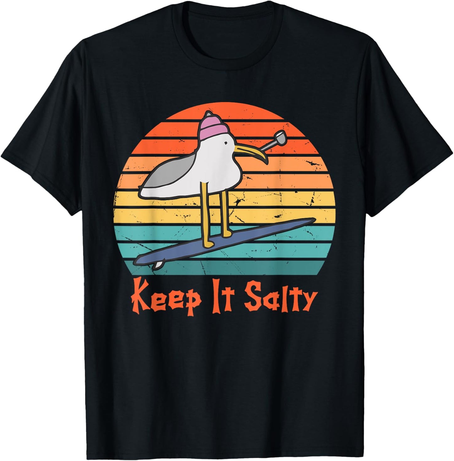 Keep It Salty Vintage Sunset Seagull Lover Funny Quote T-Shirt - T-Shirt | Black
