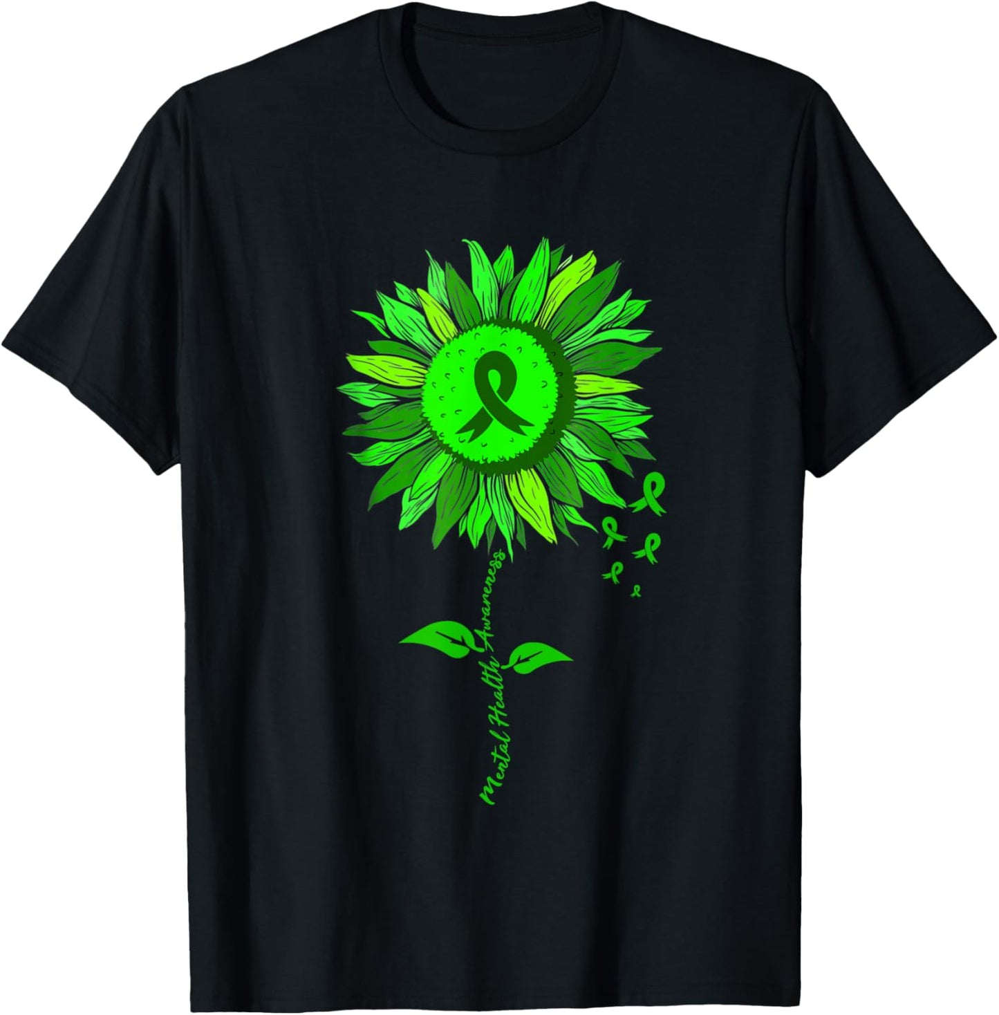 Mental Health Awareness Sunflower Green Ribbon Stigma T-Shirt - T-Shirt | Black