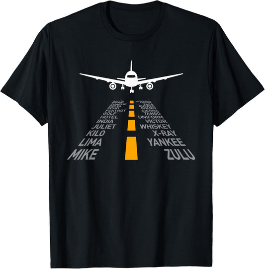 Airplane Pilot Gifts Airport Runway Phonetic Alphabet Plane T-Shirt - T-Shirt | Black