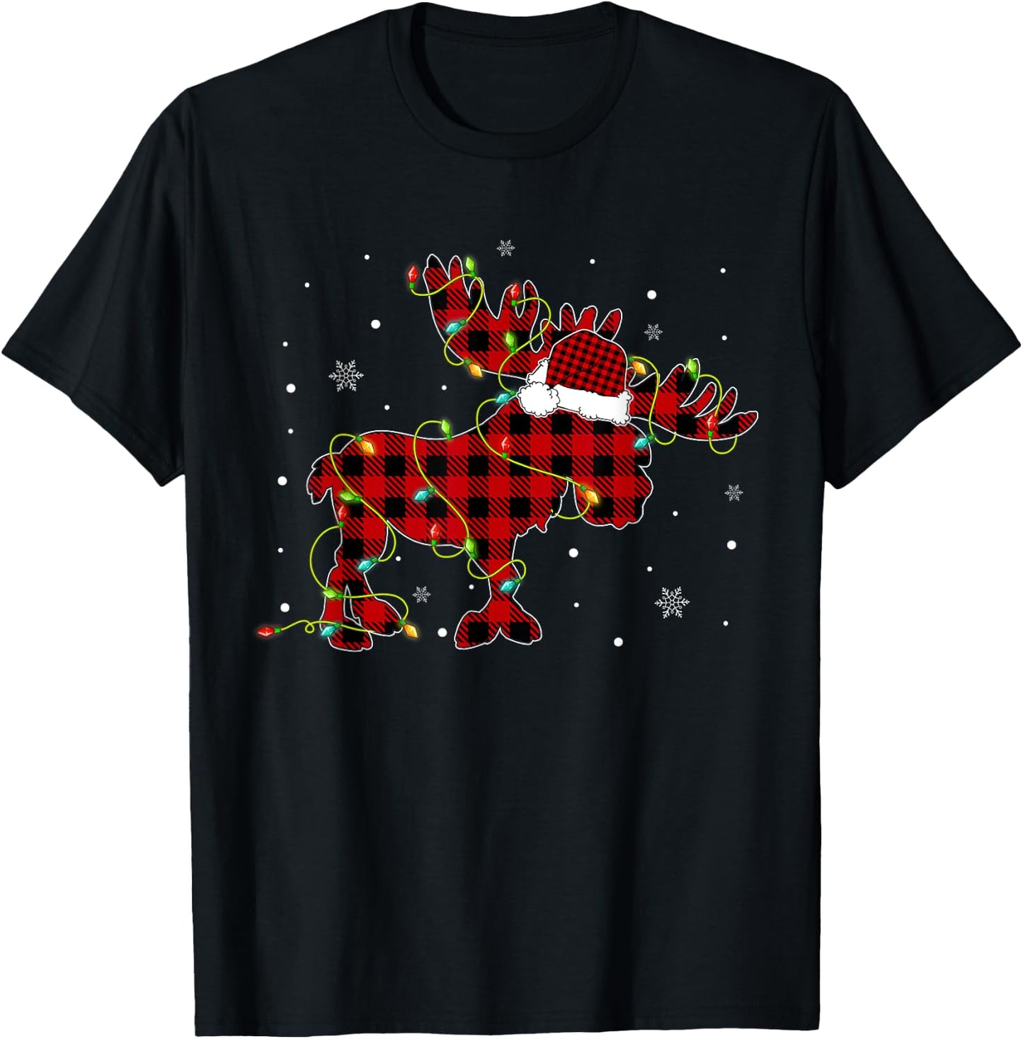 Red Buffalo Plaid Moose Santa Hat Christmas Tree Lights Xmas T-Shirt - T-Shirt | Black