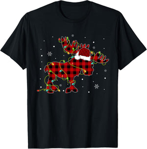 Red Buffalo Plaid Moose Santa Hat Christmas Tree Lights Xmas T-Shirt - T-Shirt | Black