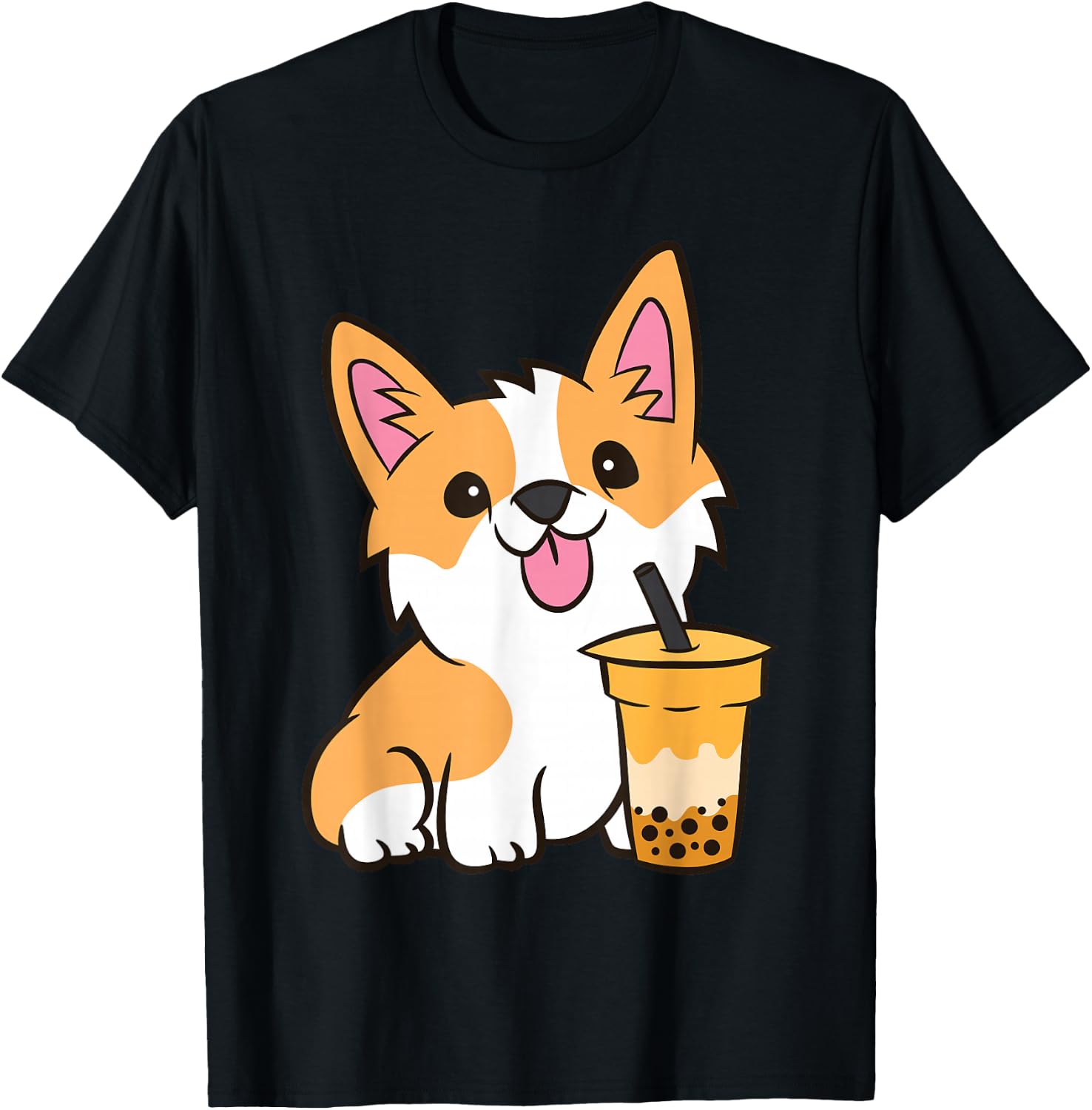 Kawaii Corgi Dog Drinking Bubble Tea Boba Tea Corgi Puppy T-Shirt - T-Shirt | Black