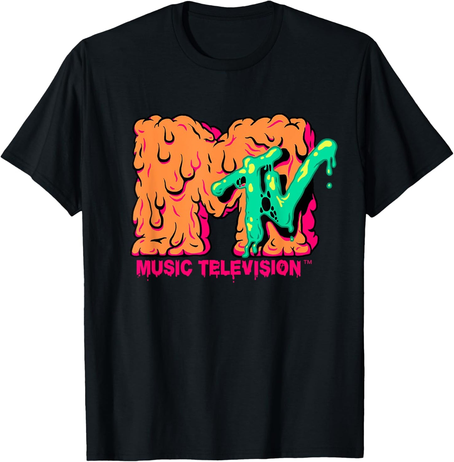 Mademark x MTV - MTV Logo Orange Slimy Goo Green Slime Melted MTV T-Shirt - T-Shirt | Black