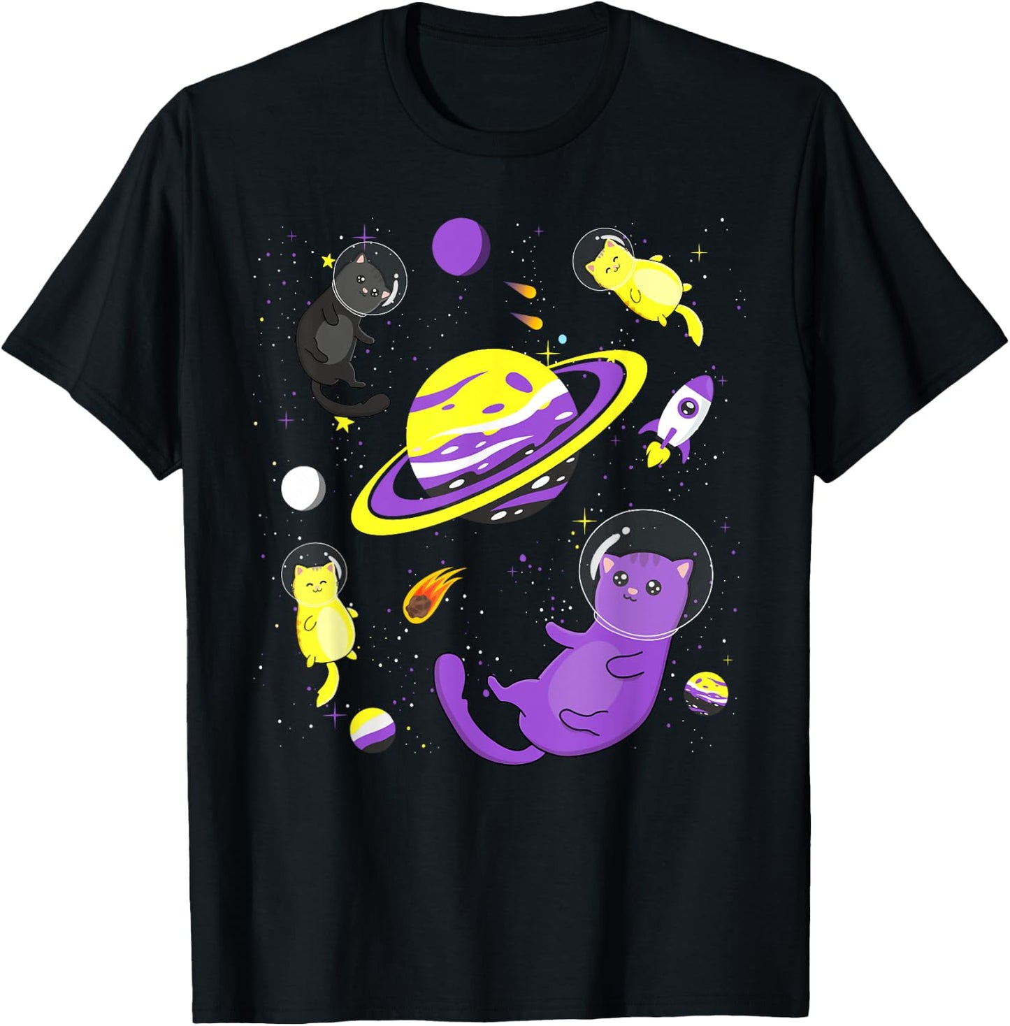 Funny Cat In Space Non-Binary Flag Agender Genderqueer Pride Women T-Shirt - T-Shirt | Black