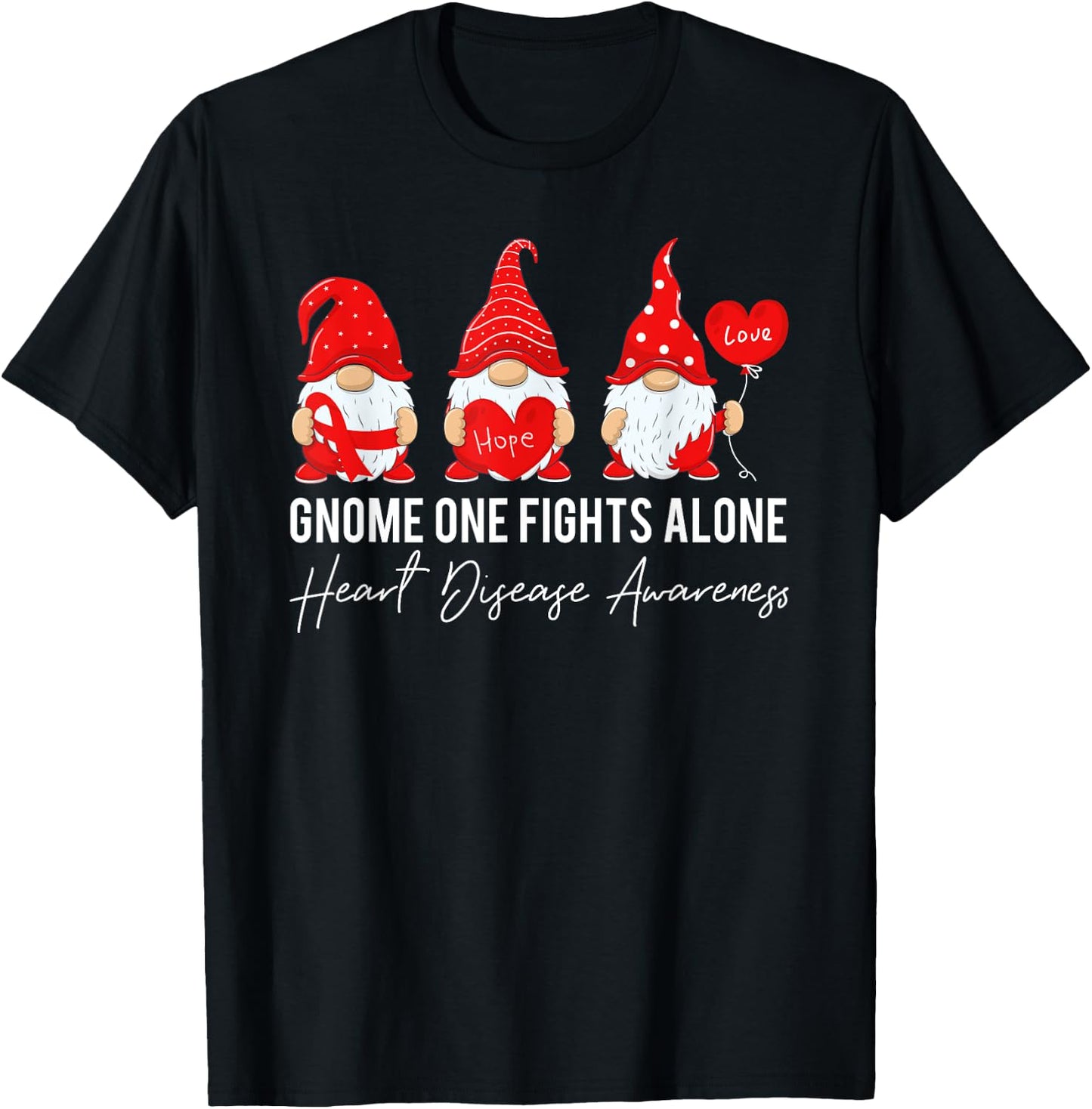 Gnome Fights Heart Disease Awareness Month Red Ribbon T-Shirt - T-Shirt | Black