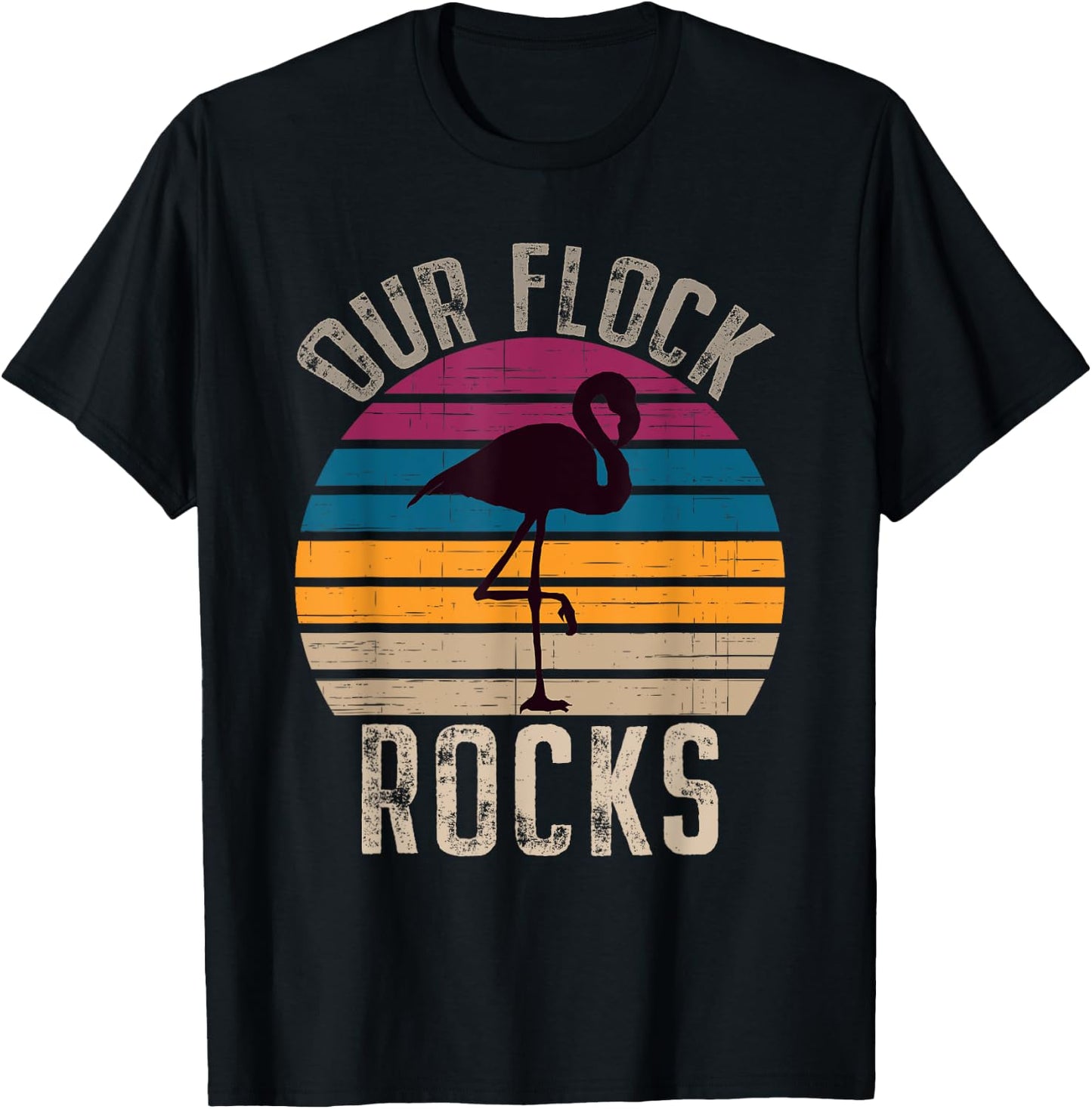 Our Flock Rocks Retro Vintage Flamingo Mothers Day Family T-Shirt - T-Shirt | Black