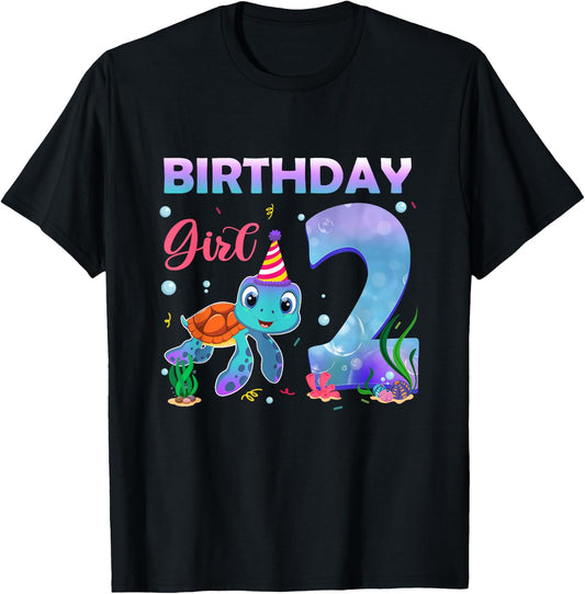 2ND Birthday Girl Sea Turtle 2 Year Old Ocean Aquarium Girls T-Shirt - T-Shirt | Black