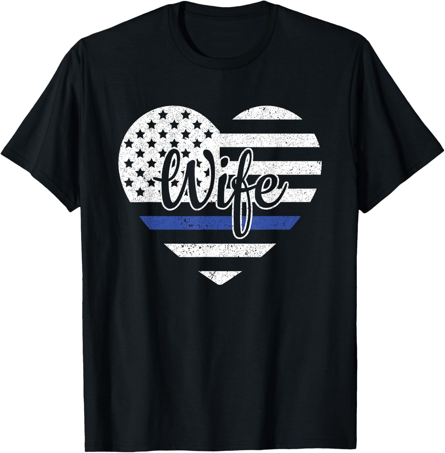 USA Heart Police Officer Wife Blue Line Police Wife Support T-Shirt - T-Shirt | Black