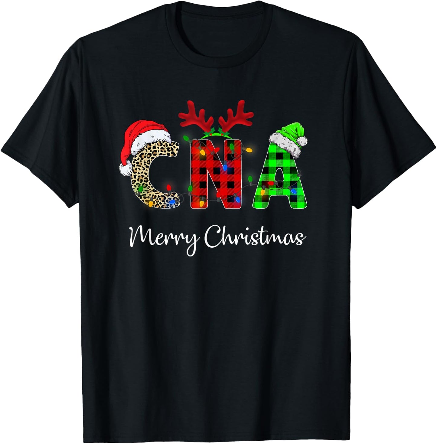 Leopard Red Plaid CNA Nursing Santa Hat Reindeer Christmas T-Shirt - T-Shirt | Black
