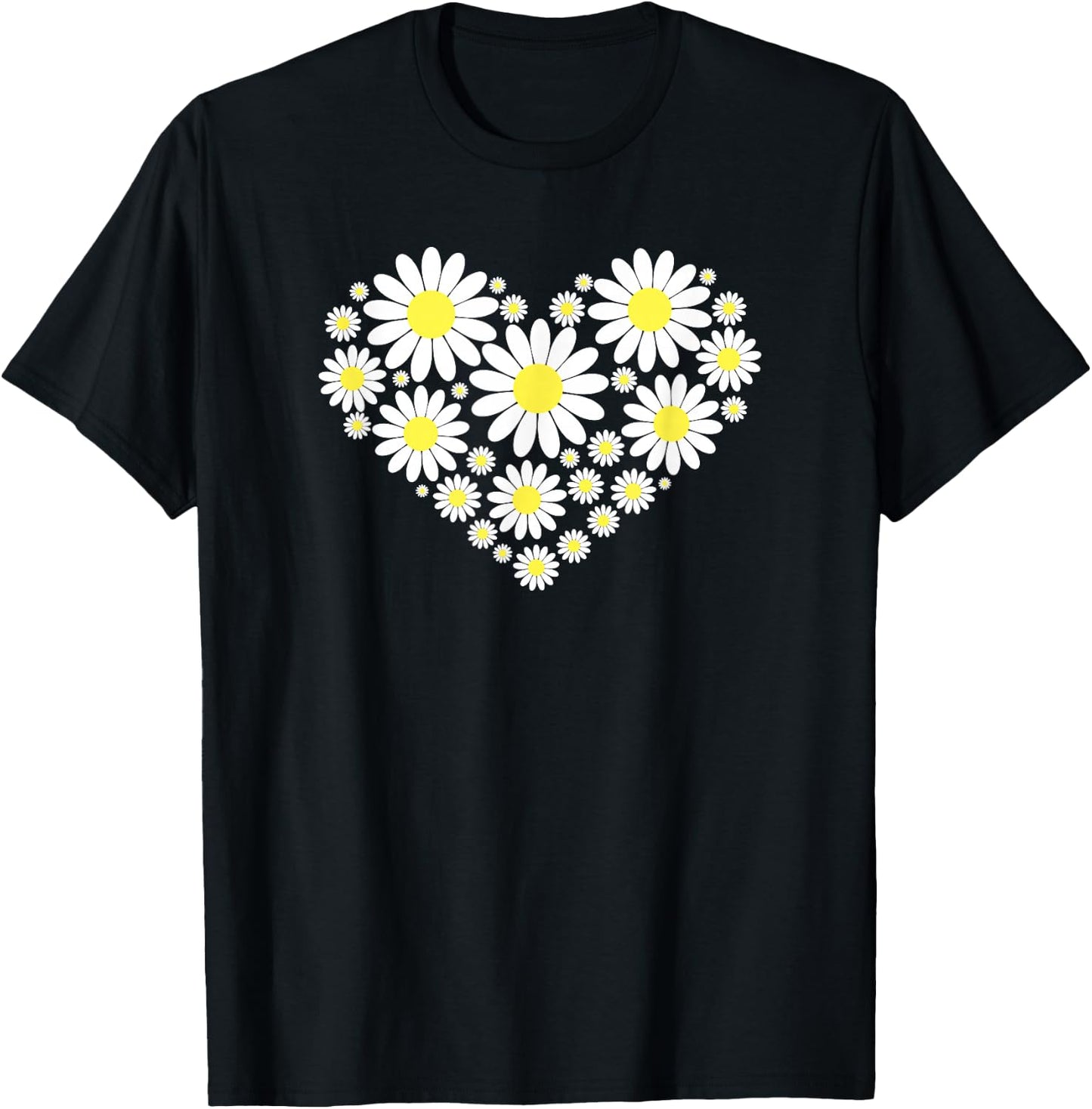 Threadrock Heart of Daisy Flowers -Adults, Girls Black Floral T-Shirt - T-Shirt | Black