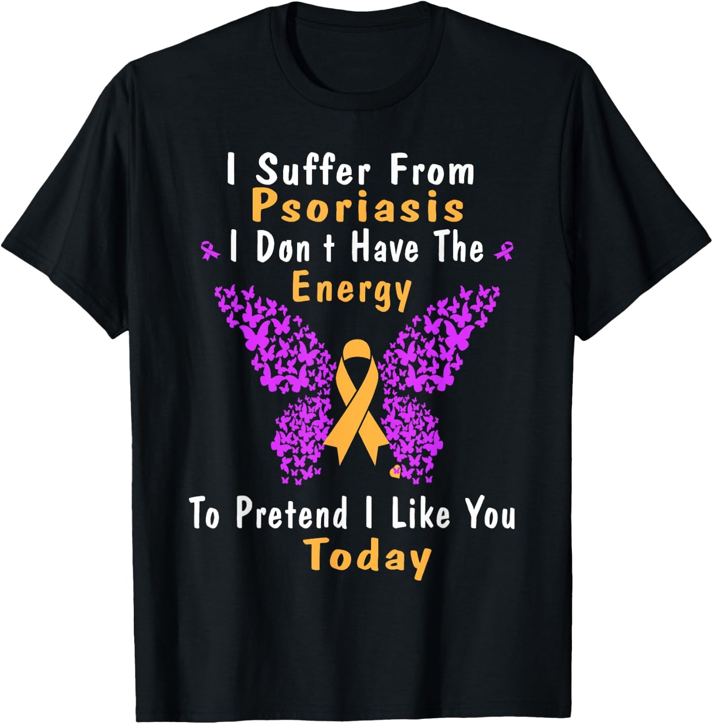 Psoriasis Awareness Butterfly Purple and Orange Ribbon T-Shirt - T-Shirt | Black