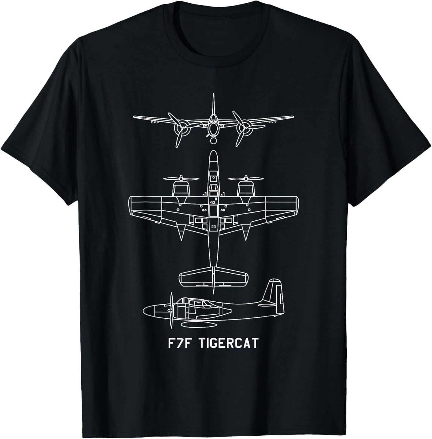 F7F Tigercat American WW2 Fighter Aircraft Blueprints T-Shirt - T-Shirt | Black