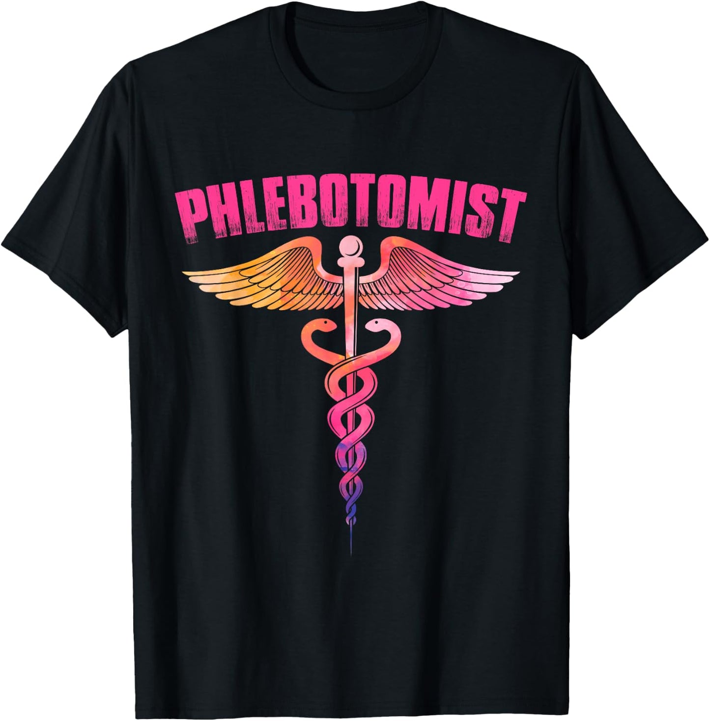 Colorful Watercolor Caduceus Phlebotomist Men Women Novelty T-Shirt - T-Shirt | Black