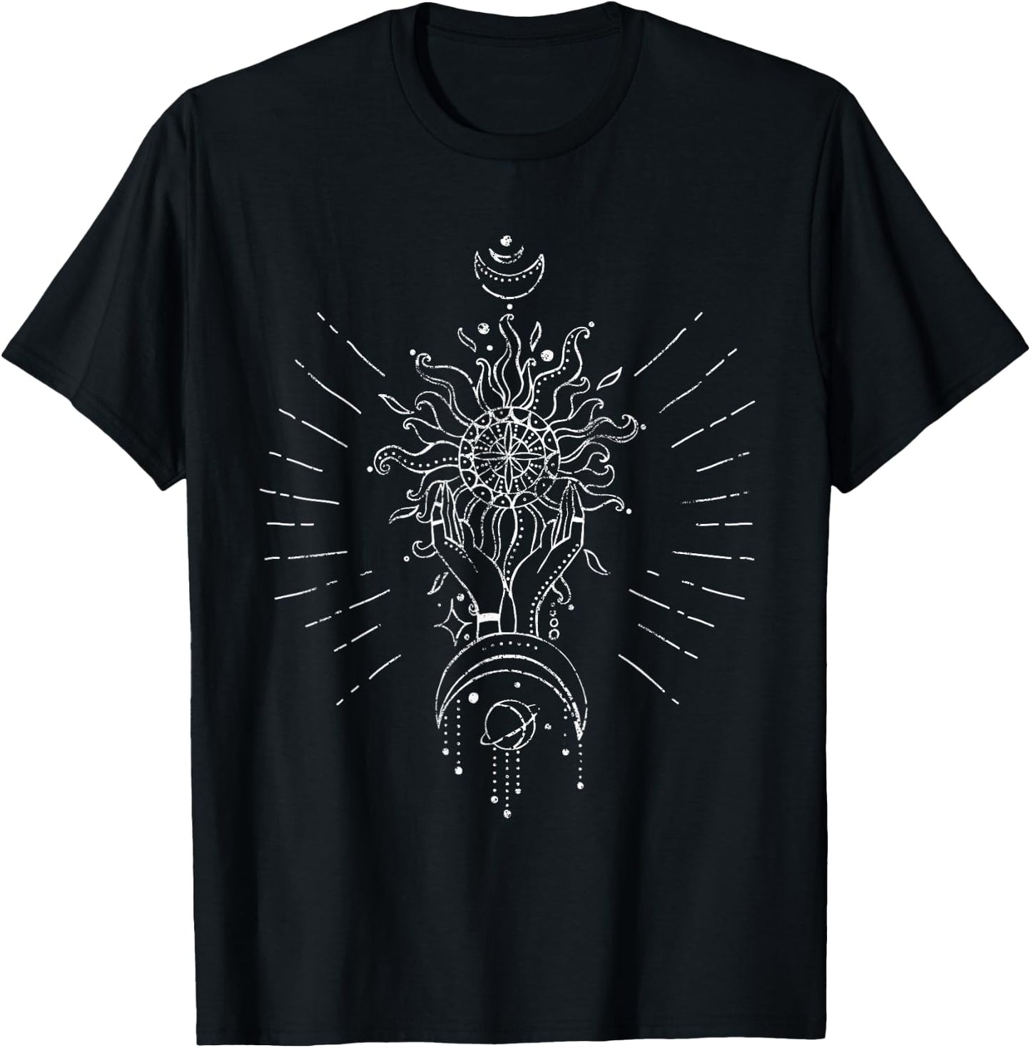 Boho Magic Hands Sacred Geometry Sun Moon Planets Astrology T-Shirt - T-Shirt | Black
