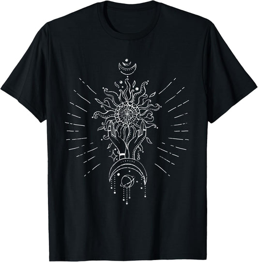 Boho Magic Hands Sacred Geometry Sun Moon Planets Astrology T-Shirt - T-Shirt | Black