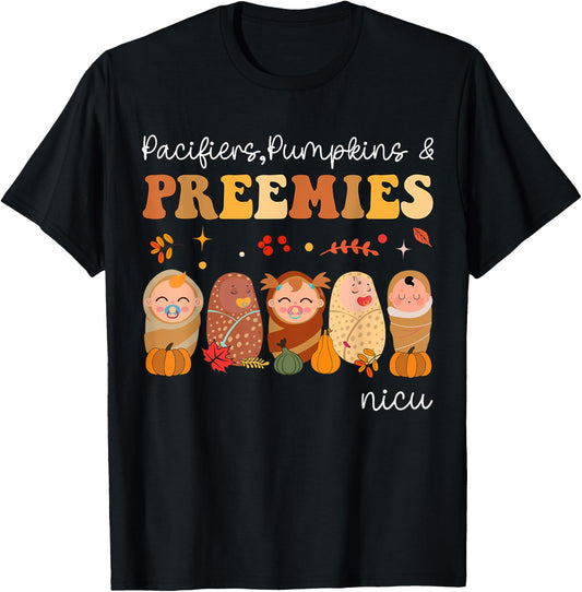 Pacifiers Pumpkins & Preemies Neonatal Nicu Nurse Halloween T-Shirt - T-Shirt | Black