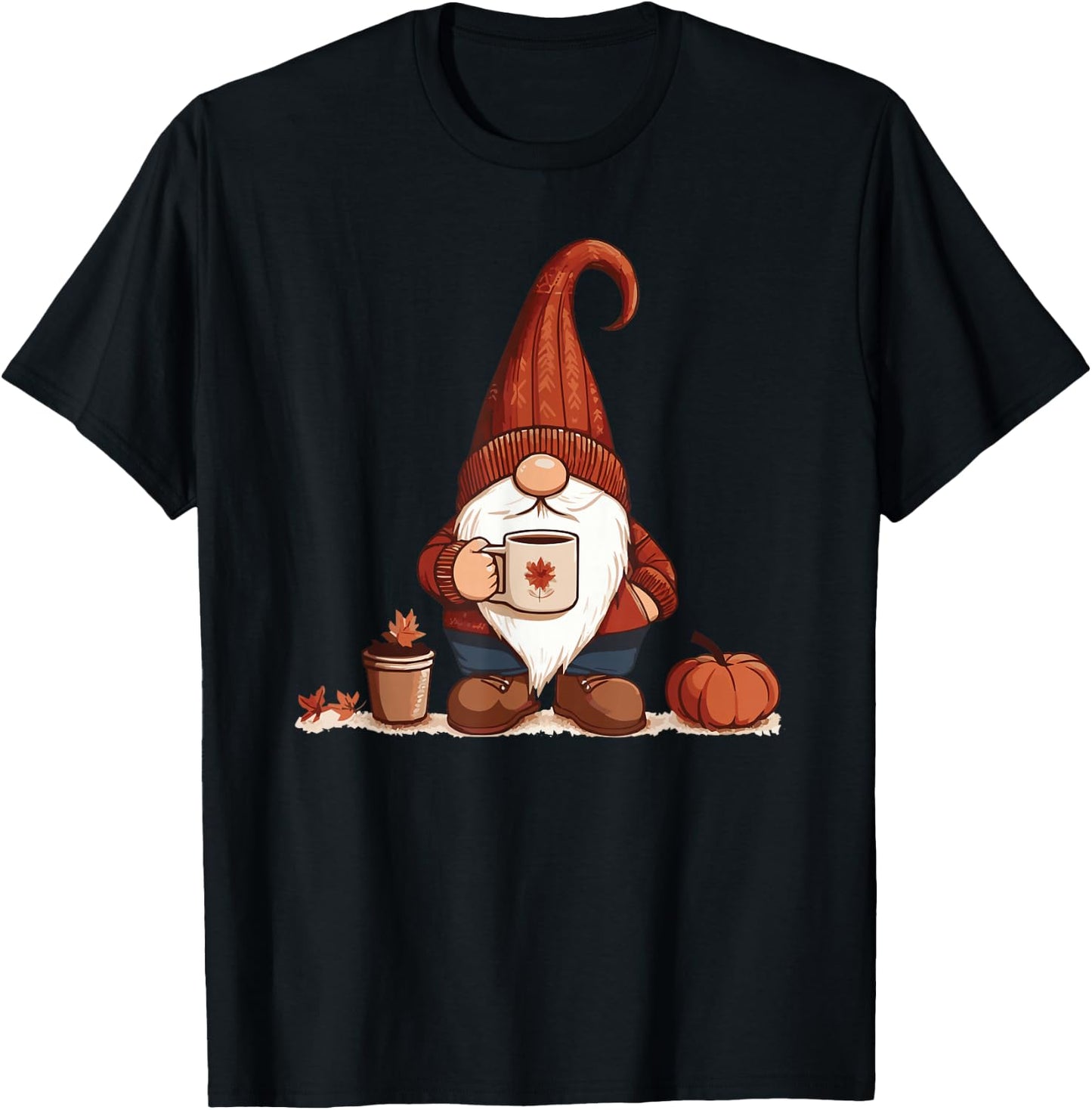 Fall Gnome with coffee cup T-Shirt - T-Shirt | Black