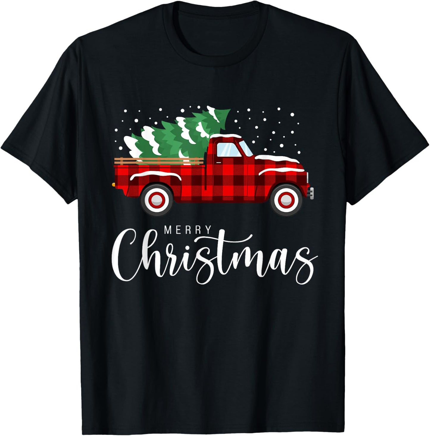 Merry Christmas Red Truck Buffalo Plaid Xmas Retro Vintage T-Shirt - T-Shirt | Black