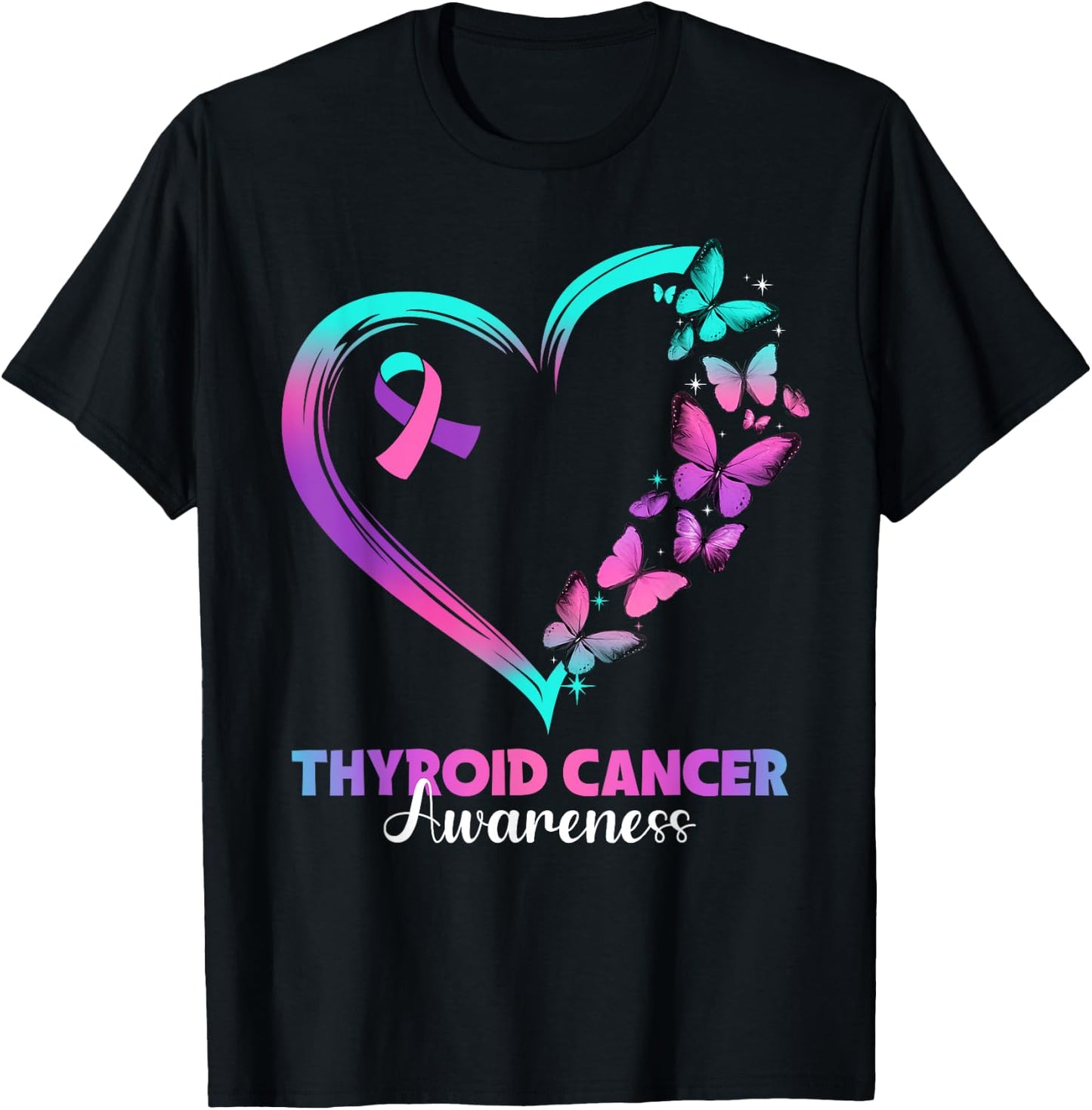 Butterfly Heart Ribbon Thyroid Cancer Awareness Warrior T-Shirt - T-Shirt | Black